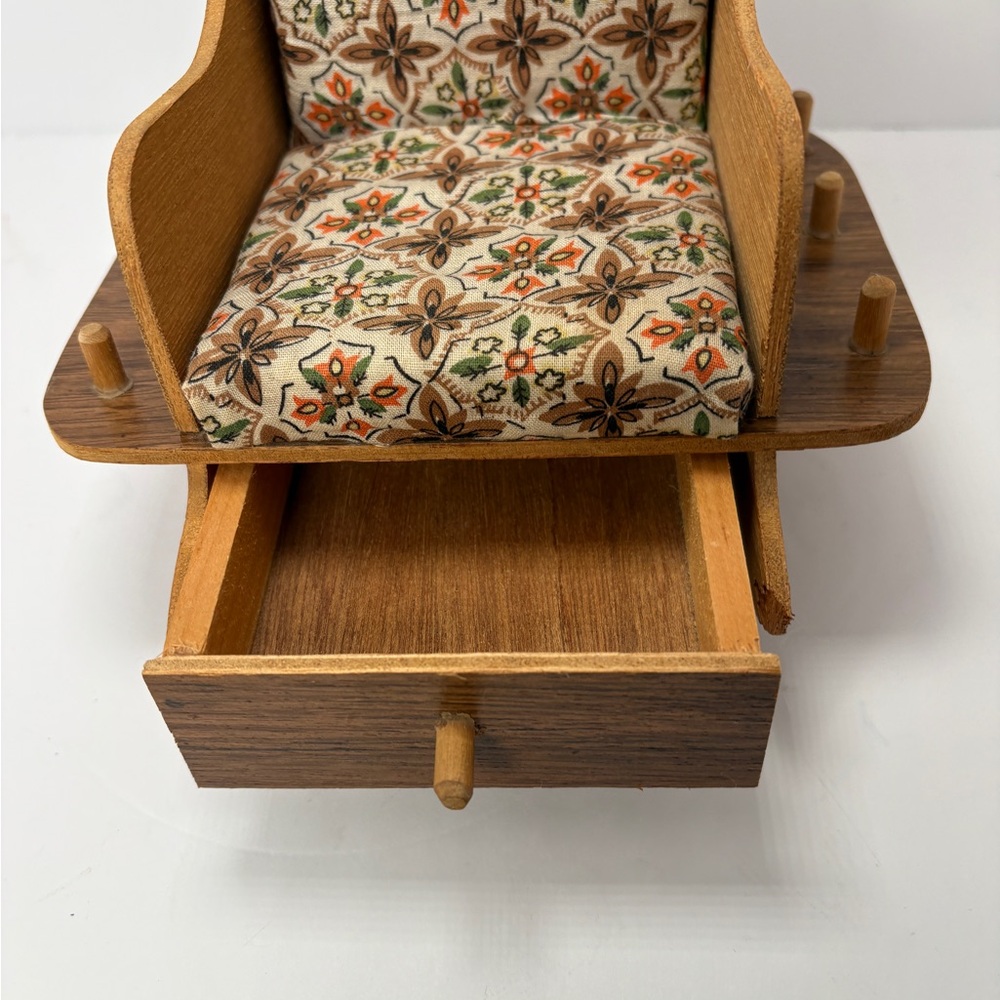 Vtg Wood Rocking Chair Pin Cushion w/ Drawer Holds Spools Thread Sewing Notions - Picture 7 of 12